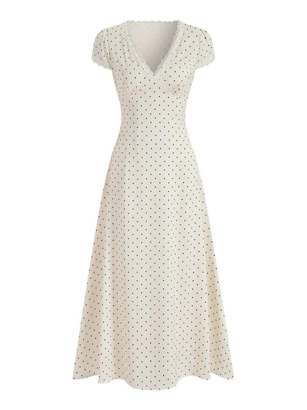 Commense Cream Black Polka Dot Satin Maxi Dress Lace Trim Tie Back NWT Small